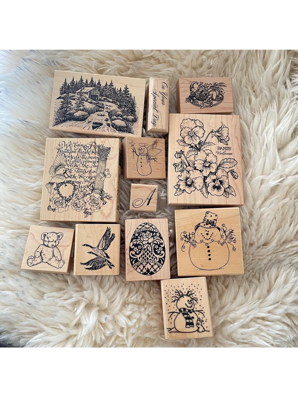 Vtg 90s Rubber Stamp Lot 12 Wood Mounted scrapbook junk journal snail mail